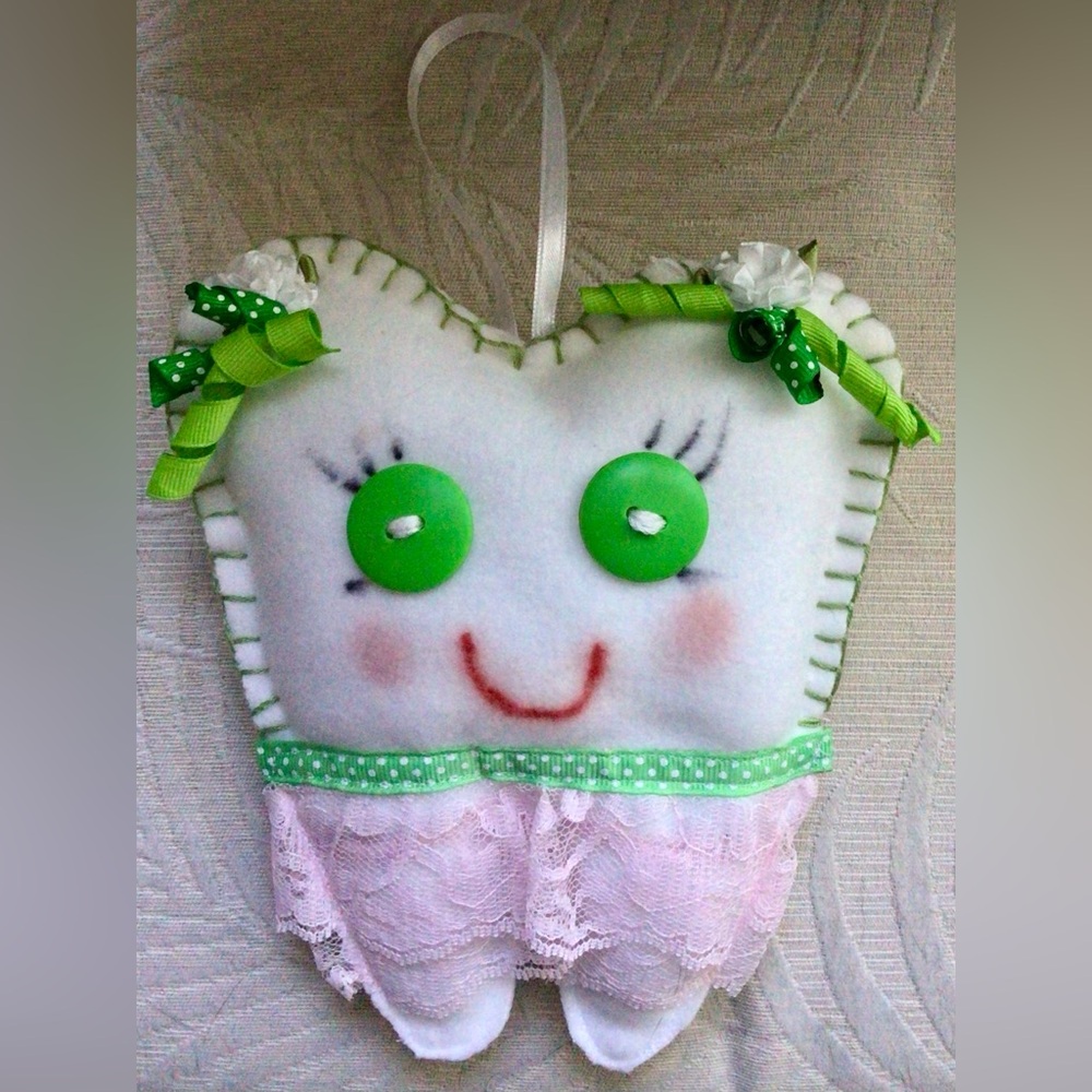 Hand Made Tooth Fairy Pillow Plush Green pink white